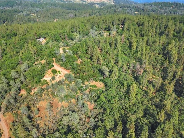 birds eye view of property featuring a wooded view