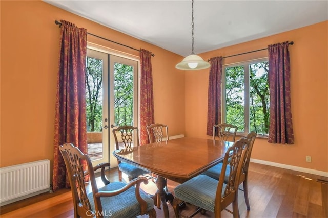 dining room featuring a wealth of natural light, dark wood-type flooring, radiator, and french doors