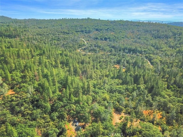 birds eye view of property featuring a wooded view
