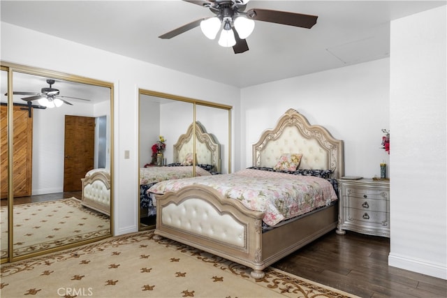 bedroom featuring ceiling fan, a closet, and hardwood / wood-style flooring