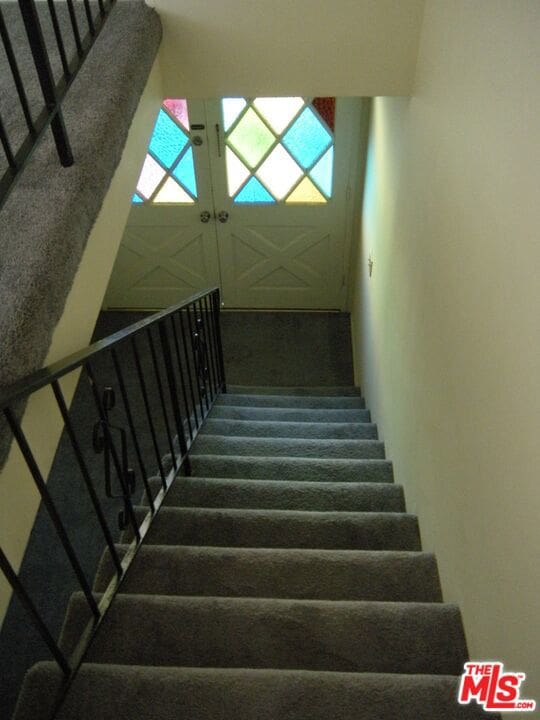 stairway featuring carpet