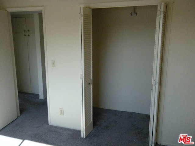 interior space with a closet and dark colored carpet