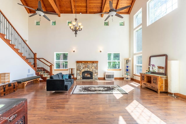 living room featuring high vaulted ceiling, a healthy amount of sunlight, wooden ceiling, and a fireplace