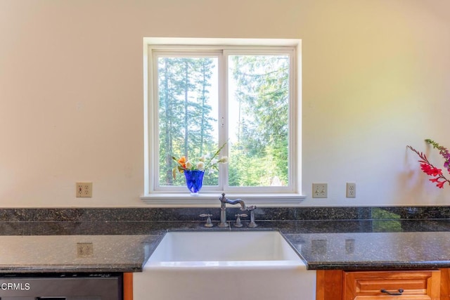 kitchen with dishwasher, a sink, and dark stone countertops