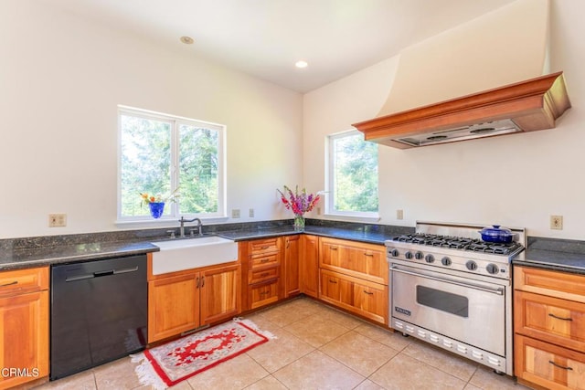 kitchen featuring a healthy amount of sunlight, premium range hood, a sink, designer stove, and black dishwasher