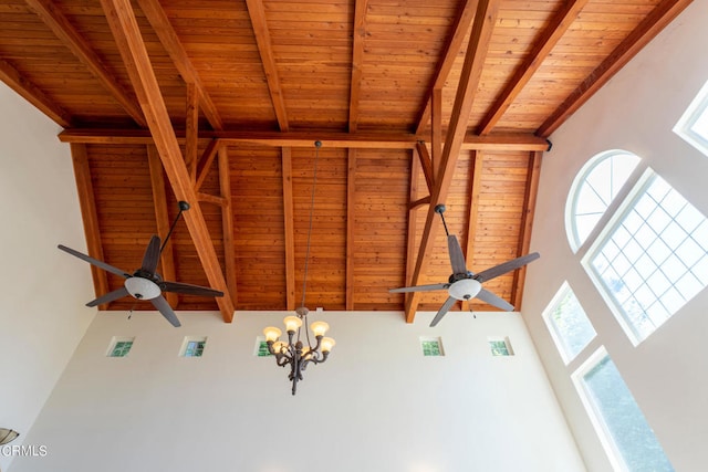 room details with ceiling fan with notable chandelier, wood ceiling, and beamed ceiling