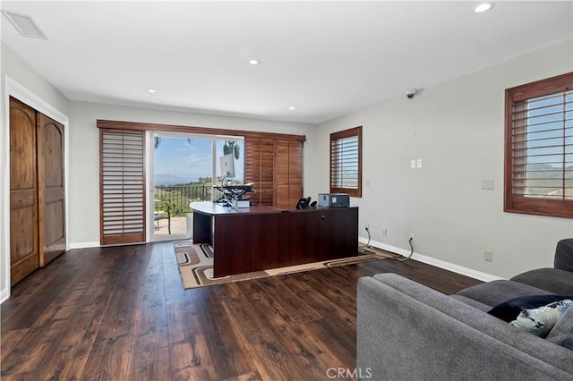 office featuring dark hardwood / wood-style flooring and a healthy amount of sunlight