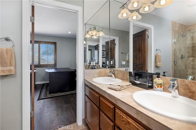 bathroom featuring vanity, wood-type flooring, and an enclosed shower