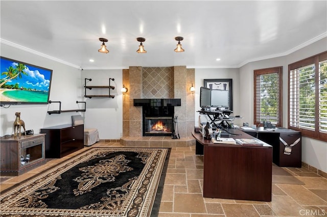 living room with crown molding and a fireplace