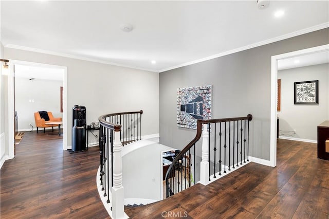 corridor with dark hardwood / wood-style floors and crown molding