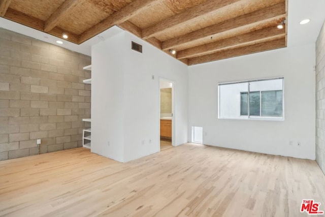 unfurnished living room featuring beamed ceiling and light hardwood / wood-style floors