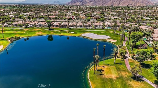 bird's eye view featuring a water and mountain view