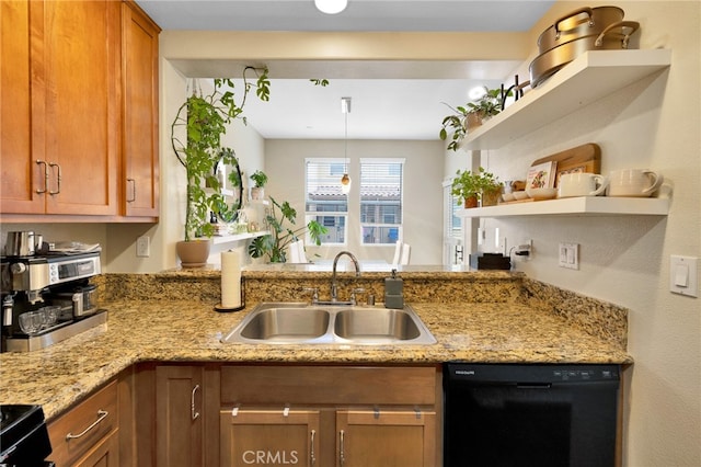 kitchen featuring black dishwasher, brown cabinets, open shelves, a sink, and a peninsula