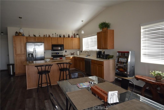 kitchen with sink, dark wood-type flooring, lofted ceiling, and black appliances