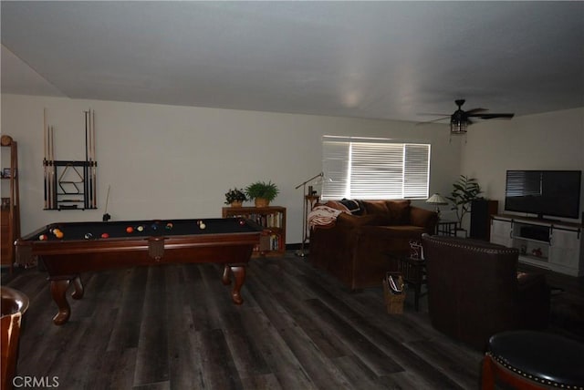 recreation room with ceiling fan, dark hardwood / wood-style flooring, and pool table