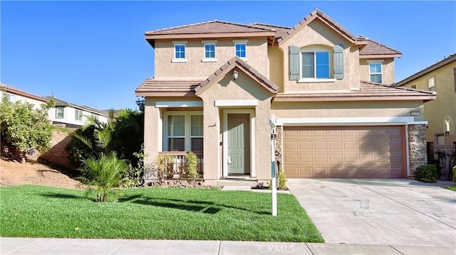 view of front of property with an attached garage, driveway, stone siding, stucco siding, and a front lawn