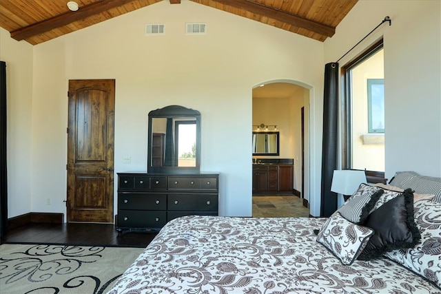 bedroom featuring arched walkways, visible vents, wood ceiling, and beam ceiling