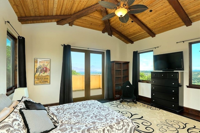 unfurnished bedroom featuring lofted ceiling with beams, wooden ceiling, baseboards, and access to exterior