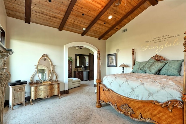 carpeted bedroom featuring beamed ceiling, visible vents, high vaulted ceiling, and wooden ceiling