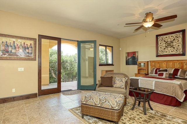 bedroom featuring french doors, tile patterned flooring, baseboards, and access to outside