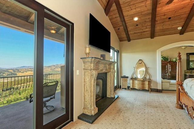living room featuring high vaulted ceiling, wood ceiling, arched walkways, beamed ceiling, and a high end fireplace