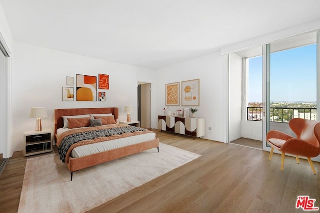 bedroom featuring light hardwood / wood-style flooring and access to exterior