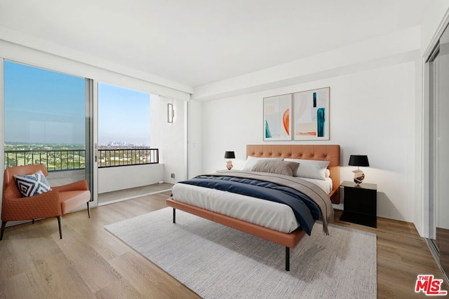 bedroom featuring light hardwood / wood-style floors and access to exterior