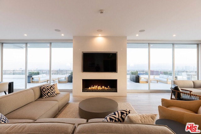 living room featuring light wood-type flooring, expansive windows, and plenty of natural light