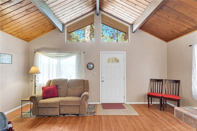 living room featuring beamed ceiling, hardwood / wood-style floors, and a healthy amount of sunlight