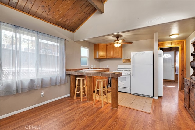 kitchen featuring lofted ceiling with beams, white appliances, plenty of natural light, and a breakfast bar area