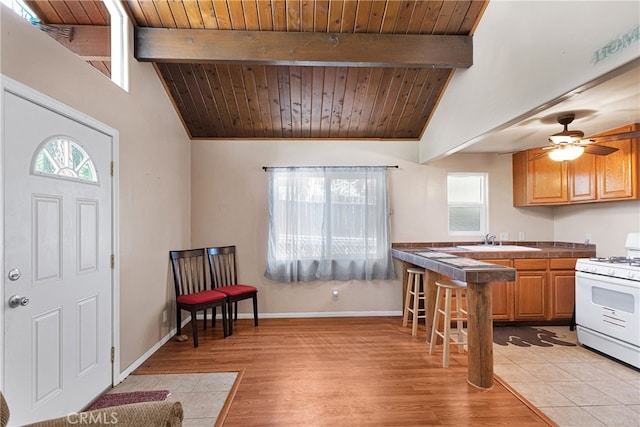 kitchen featuring light hardwood / wood-style flooring, plenty of natural light, wood ceiling, and white gas range