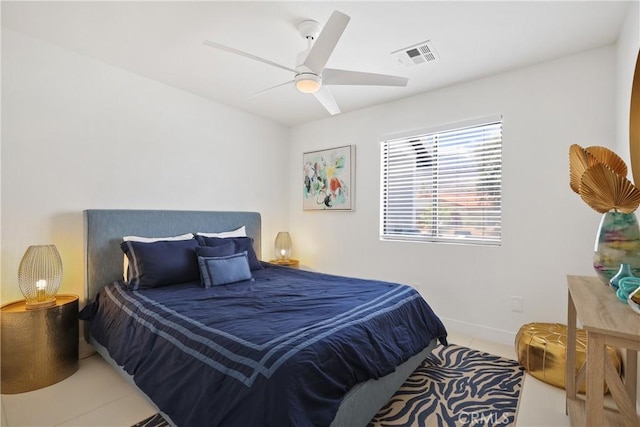 bedroom with visible vents, ceiling fan, and baseboards