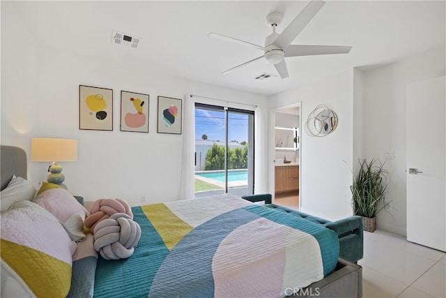 bedroom featuring access to outside, light tile patterned flooring, ensuite bath, and ceiling fan