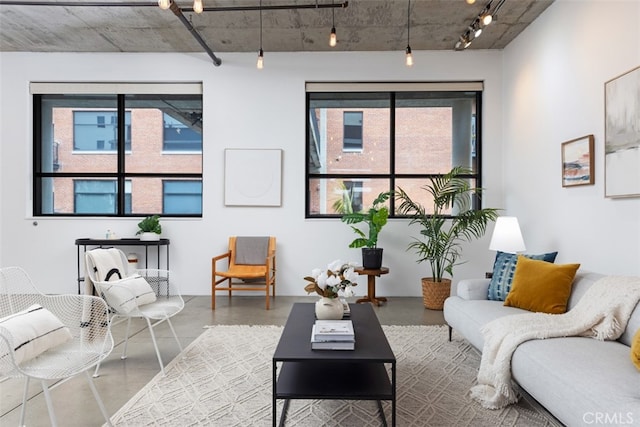 living room featuring concrete flooring and rail lighting