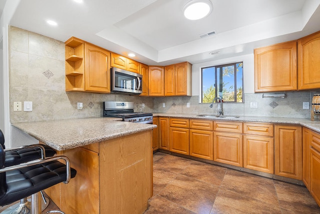 kitchen featuring light stone countertops, appliances with stainless steel finishes, a tray ceiling, and sink