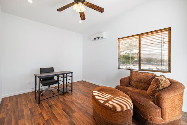 office space featuring ceiling fan, dark wood-type flooring, and a wall mounted AC