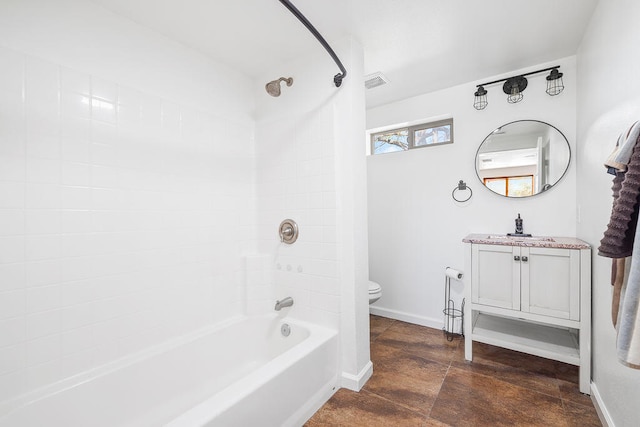 full bathroom with toilet, vanity, and bathing tub / shower combination