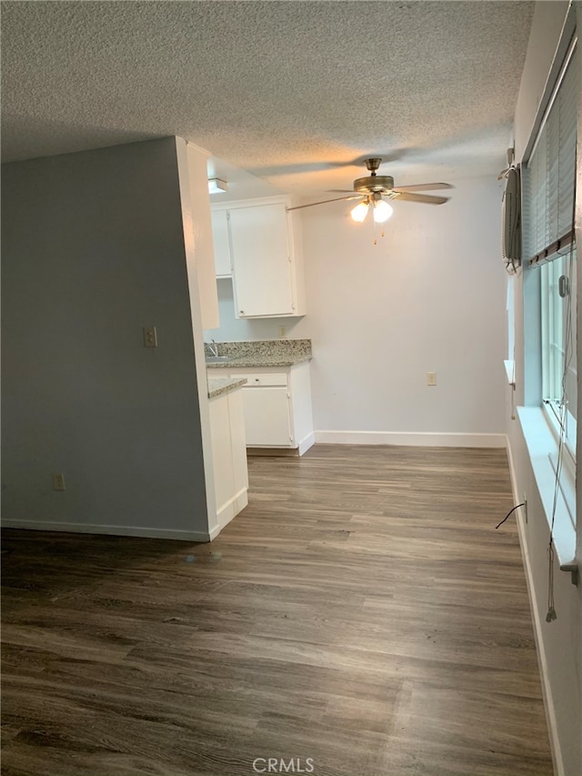 unfurnished living room with dark hardwood / wood-style floors, a textured ceiling, and ceiling fan