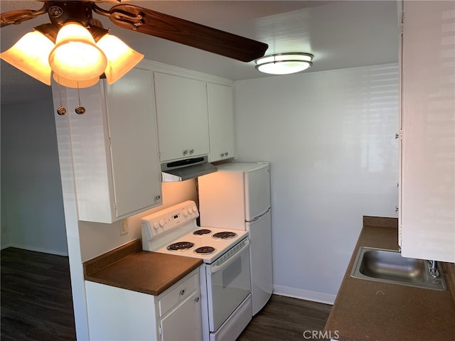 kitchen with white cabinetry, white electric range oven, sink, and dark hardwood / wood-style floors