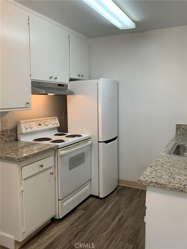 kitchen with white cabinetry, light stone countertops, electric range, and dark hardwood / wood-style floors