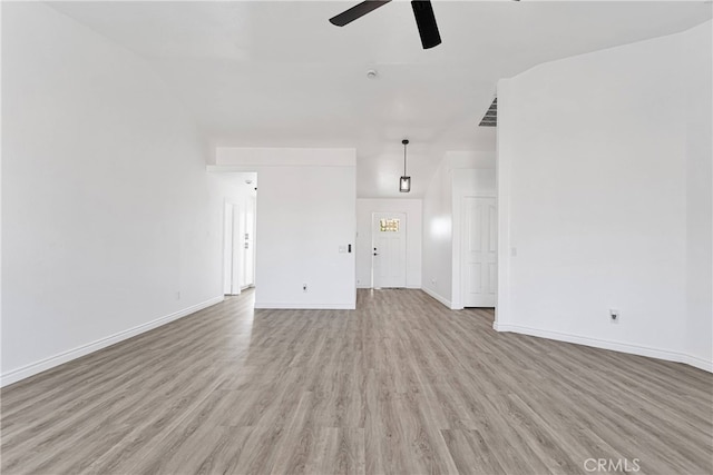 unfurnished living room featuring ceiling fan and light hardwood / wood-style flooring