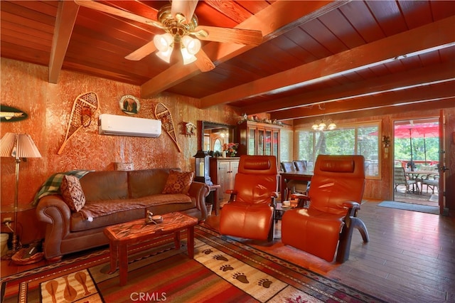 living room with wood ceiling, ceiling fan, hardwood / wood-style flooring, a wall mounted air conditioner, and beamed ceiling