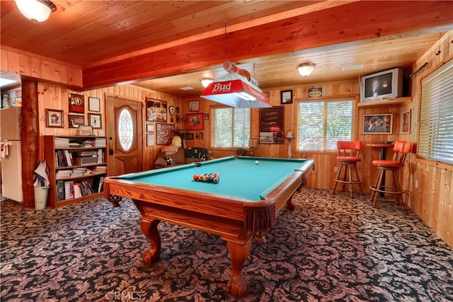 game room with carpet flooring, wood walls, wooden ceiling, and pool table