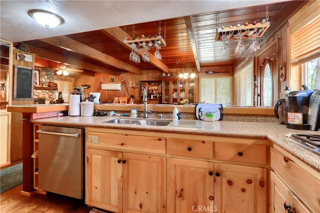 kitchen featuring wooden ceiling, wood-type flooring, dishwasher, beamed ceiling, and sink