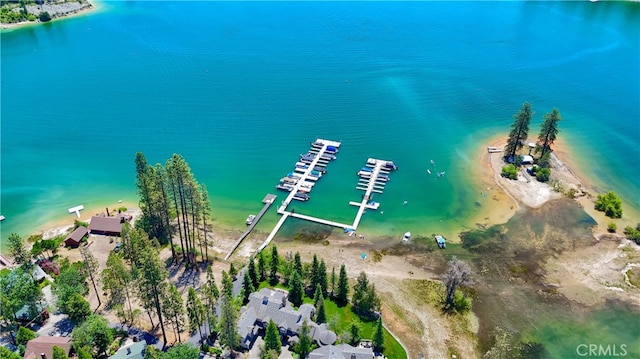 drone / aerial view featuring a view of the beach and a water view