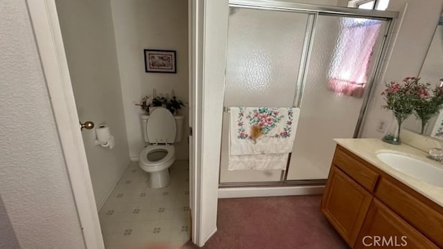 bathroom featuring vanity, toilet, and a shower with shower door