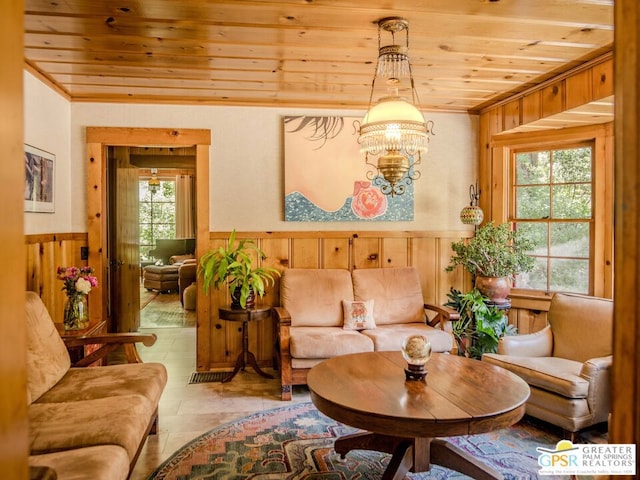 living area with wood ceiling, a healthy amount of sunlight, and wood walls