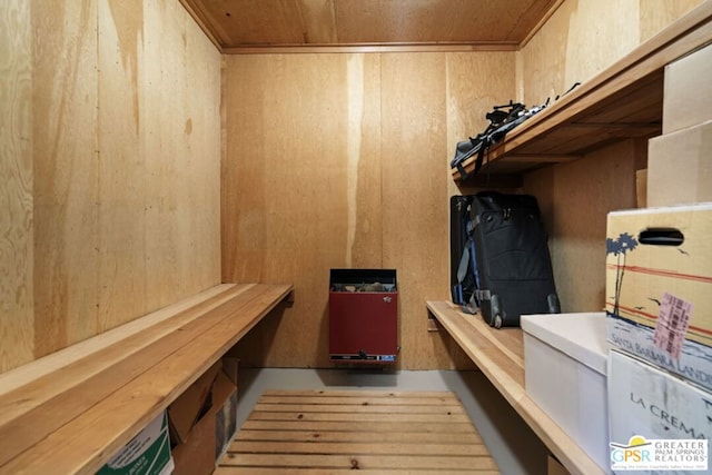 view of sauna featuring wood walls