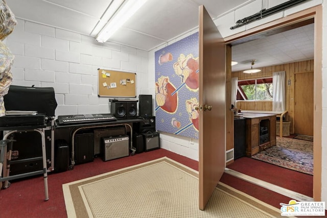 miscellaneous room featuring wooden walls and dark carpet