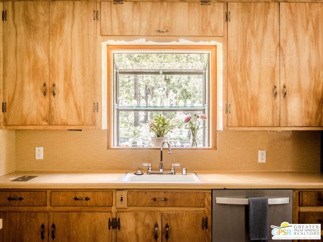 kitchen featuring stainless steel dishwasher, sink, and backsplash